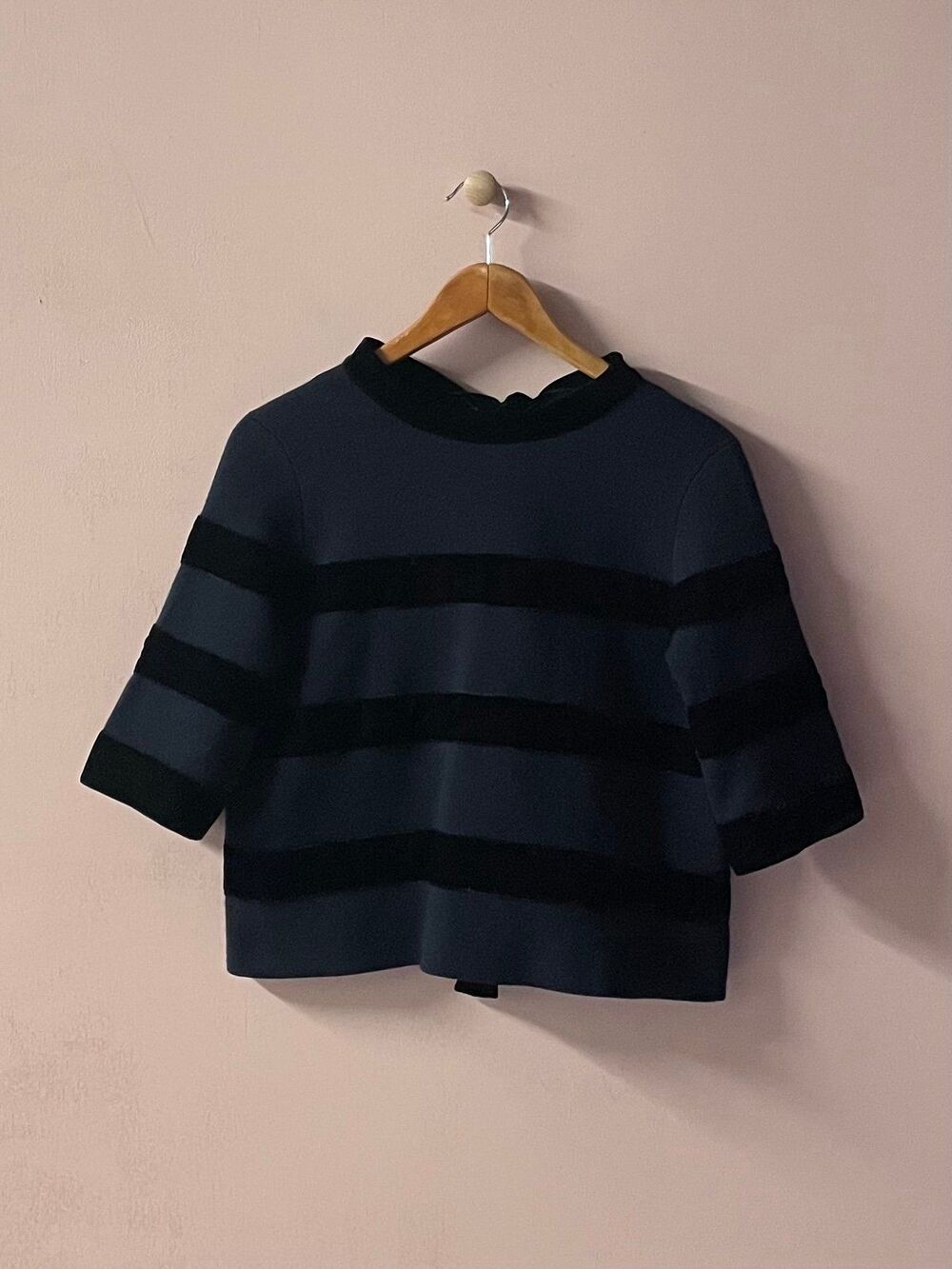 Maje Navy Knit & Black Velvet Striped Bow Tie Open Back Top Sz 2